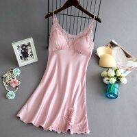 COD ﹉ชุดนอนผ้าไหมเซ็กซี่สำหรับผู้หญิง Sexy womens pajamas new suspenders nightdress with chest pad