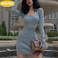 Wintin Independent Station Early Spring New Products Sexy V-neck Back Hollow out Tied Waist-Controlled Long Sleeves Womens Jumpsuit Hip Skirt