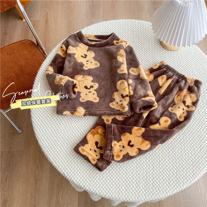 cod-childrens-autumn-and-winter-flannel-pajamas-set-fleece-thickened-home-clothes-boys-baby-thermal-underwear