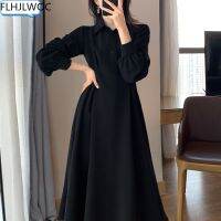 ✥  Hot New Design Korean Style Womens Fashion Cute Elegant Office Lady A Line Long Single Breasted Button Button Black Shirts Dress