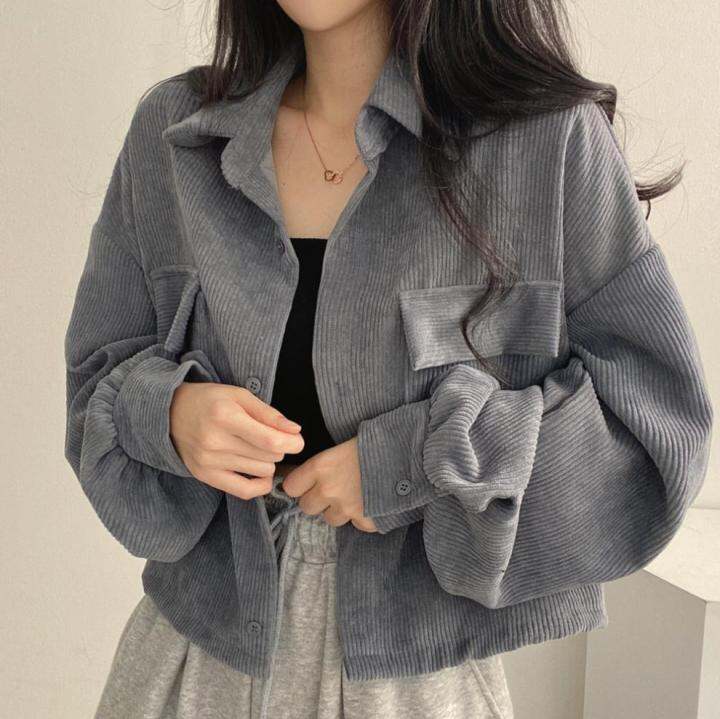 spot-korean-french-style-vintage-single-breasted-lapel-corduroy-shirt-long-sleeve-coat-female-fashion-2023