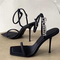 2023 New Square Toe Women Sandals Crystal Letters Decor Dress Pumps Sexy High Heels Black Wedding Shoes Gladiator Sandalias