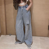 DIIMUU 5-11 ปีเด็กหญิงกางเกงยีนส์เด็กแฟชั่นกางเกงยีนส์กางเกงขายาวบางกางเกงตรงเด็กสาวขากว้างกางเกงขายาวเสื้อผ้า