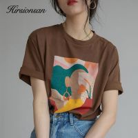 Hirsionsan ความงามพิมพ์ T เสื้อผู้หญิง2021 New Soft Vintage Tees หลวมบทคัดย่อกราฟฟิคผ้าฝ้ายเสื้อฤดูร้อน Casual Tops