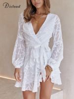 【YF】 DICLOUD Traf Chiffon Summer Dresses For Women Spring Elegant Long Sleeve V-neck Lace Up Vestidos Robe Sexy Wedding Party