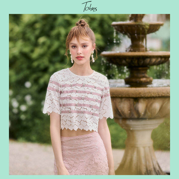 [TOHNS] HEART LACE CROP TOP Lazada.co.th