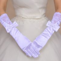 ☇ Bride Satin Full Finger Eblow Length White Gloves with Bow Lace Wedding Accessories