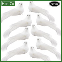 [Han-Co] นกคลิปขนนกเทียม12ชิ้นเครื่องประดับงานฝีมือรูปนกสำหรับงานแต่งงานเทศกาลคริสต์มาส