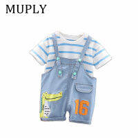 Newborn Kid Baby Boy Clothes Set Striped Round Neck T-Shirt Top and Denim Dinosaur Pants Overalls Cotton Summer Outfits