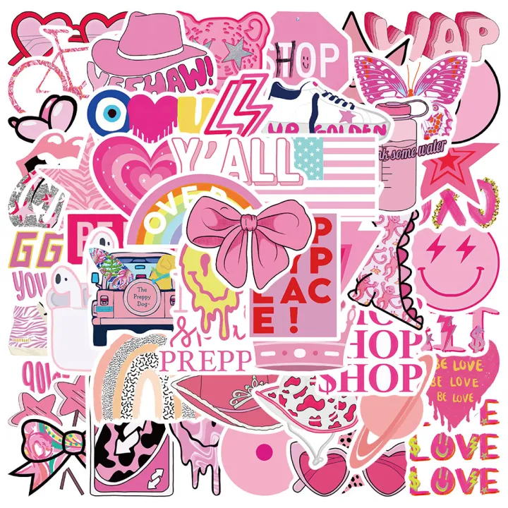 50 Pcs Pink Girl Heart Bow Cute Preppy Graffiti Stickers Luggage ...