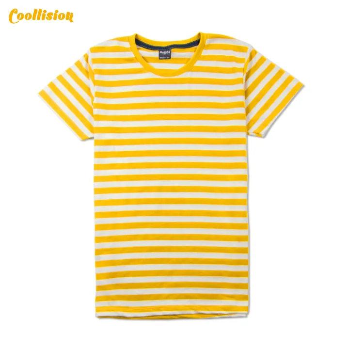 coollision-gold1cm-เสื้อลายทางสีเหลืองทอง-สีขาว-เสื้อยืดลายทาง-unisex-ผ้าไม่ลื่น-สีไม่ตก-ฝ้าย-ใส่ได้ทุกโอกาส