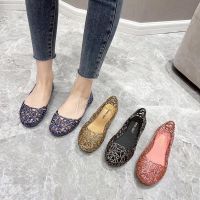 hollow out sandals female summer glitter flat as the birds nest beach vacation antiskid shoes hole cross-border crystal jelly ✣