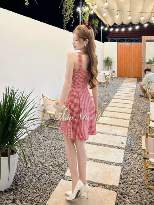 Đầm caro hồng chất bố dáng xòe dây chéo vai đi chơi sefie cực đẹp, Đầm