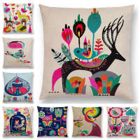 Cartoon Sofa Throw Pillow Case Colorful Animals Bird Cat Deer Peacock Owl Flowers Song Cushion Cover Saddle Covers