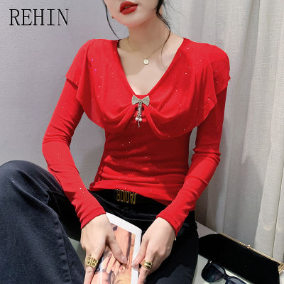REHIN เสื้อผู้หญิง2023การออกแบบที่ไม่เหมือนใครมาใหม่ล่าสุดฤดูใบไม้ร่วง,แฟชั่นแขนยาวเสื้อยืดผ้าตาข่ายขอบใบบัว