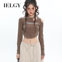 IELGY เสื้อยืดพิมพ์รอบคอลายตัวอักษรเปิดไหล่แขนยาวบางของผู้หญิงเสื้อซับในสะดือ