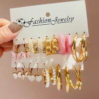 5/6 Pairs Pink White Resin Butterfly Heart Earrings Set for Women Trend Jewelry Gold Metal Pearls C Shape Earings Femme 2022 New