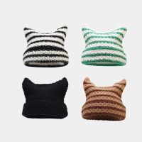 Japanese Beanie Hat Ins Little Devil Striped Knitted Wool Cap Autumn and Winter Cute Cat Ears Pointed Pullover Womens