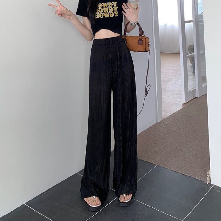 แฟชั่นสตรีทแวร์กางเกงฮาราจูกุของผู้หญิง-y2k-ยางยืดเอวสูงกางเกงขาทรงกระบอกจีบบางหลวมฤดูร้อนกางเกงขาม้า