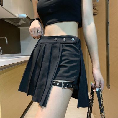 ‘；’ Women Skirt Harajuku Gothic Black  High Waist Pleated Skirt Punk Girls Skirt With Shorts New Summer Plaid Skirt