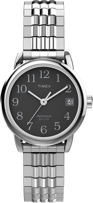 Timex Womens Easy Reader 25mm Perfect Fit Watch – Silver-Tone Case Black Dial with Silver-Tone Expansion Band