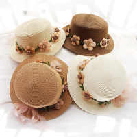 New Parent-child Summer New Womens Sun Hat Bucket cap beige lace Bowknot Flowers Ribbon Flat top Straw Hat Beach Caps Panama2023