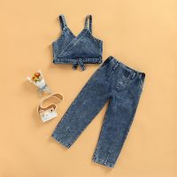 Toddler Baby Girls 2pcs Outfits Casual Solid Sleeveless Tie-Up Short Tank Tops + Elastic Waist Denim Pants + Waist Belt Outwear  by Hs2023