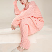 Sanzhai Pleated Japanese Suit Womens Fashion Loose-Fitting Long Sleeves T-Shirt Drape Mop Wide Leg Pants Idle Style Two-Piece Suit