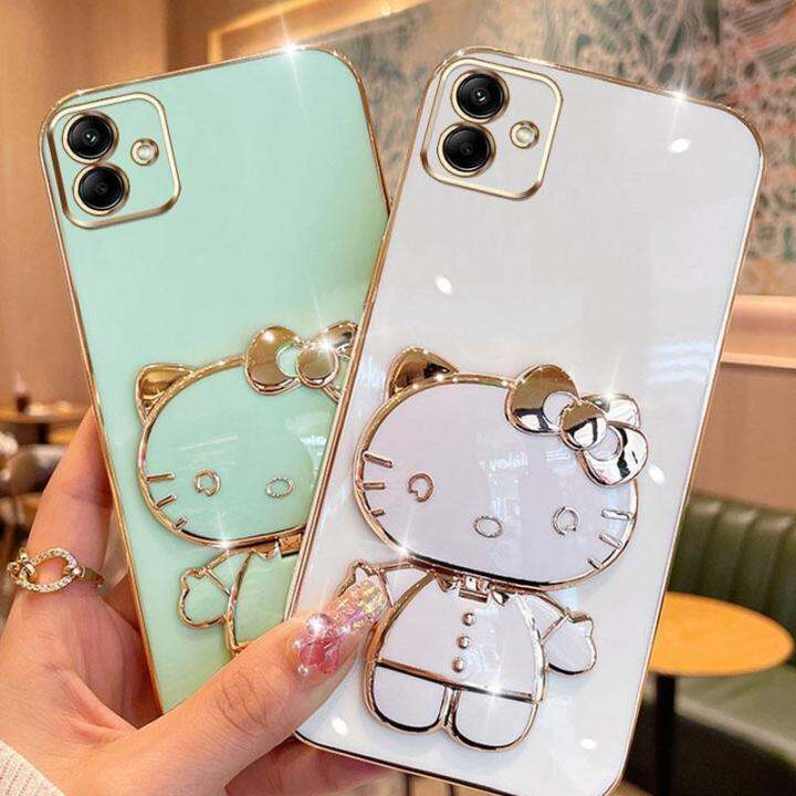 folding-makeup-mirror-phone-case-for-samsung-galaxy-a03-a04-a04e-case-fashion-cartoon-cute-cat-multifunctional-bracket-plating-tpu-soft-cover-casing