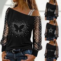 【Ready】Women Top One Shoulder Spaghetti Strap Rhinestone Patchwork Spring Shirt For Daily Wear