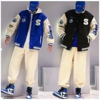 HOT★Klein Blue Jaket Baseball ผู้ชาย Unisex Vintage Patchwork แจ็คเก็ตฤดูใบไม้ผลิ INS Hip Hop อเมริกัน Jersei Bisbol คู่ Casual Coat