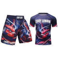 Custom 3d custom printed mens long sleeve BJJ MMA rash guard compression tights t shirt shorts set