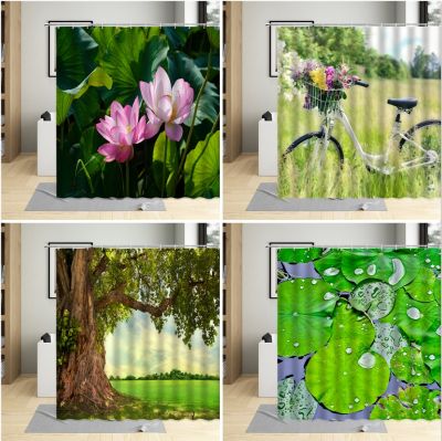 Spring Plant Landscape Shower Curtain Tree Lotus Green Leaf Grassland Mountain Bicycle Natural View Bathroom Hanging Curtain Set