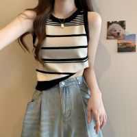 Womens Knits Camisoles Contrast Stripe 2023 New Korean Style Ladies Tops Casual O Neck Sleeveless Slim Female Crop Vest