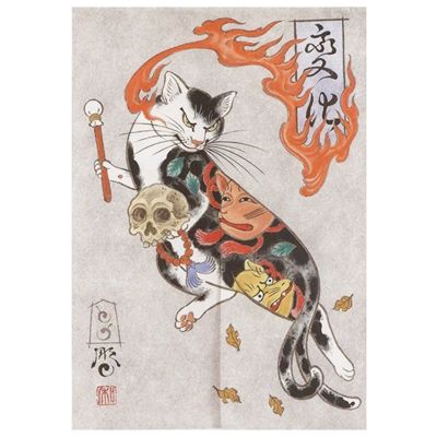 Fashion 2023 Japanese Ukiyo-e Tattood Cat Norin Door Printed Curtains Entrance Kitchen Decoration Entrance Hanging Half Curtains