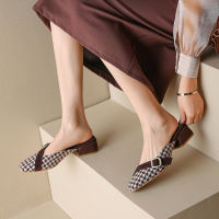 Classic Retro Style Houndstooth Buckle Decoration Women Slippers Square Heels Woman Mules Shoes Spring Summer New Party Shoes