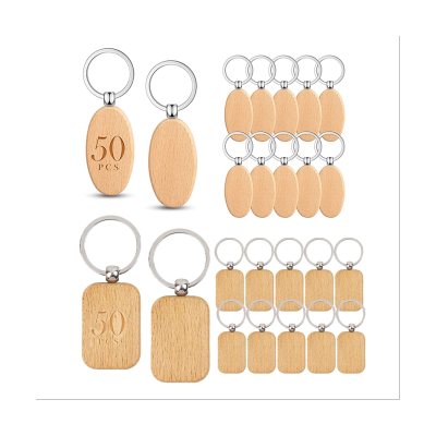 100 Pcs Wooden Blanks Unfinished Wood Key Chain Blanks for DIY Crafts(Oval+Rectangle)