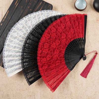 Bamboo Ladies Hand Fans Crafts Lace Folding Fold Black Fan Ancient Hanfu Cheongsam Womens Dance Bamboo Fan Classical National