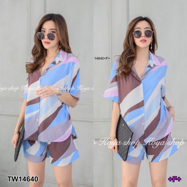 tw14640-เซตเสื้อเชิ้ตแขนสั้น-กางเกงขาสั้นลายกราฟฟิก