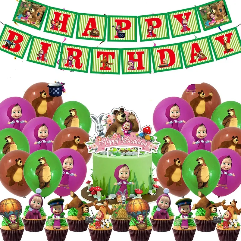 Masha and The Bear Balloons Happy Birthday Banner Party Decoration Supplies  Pink Cartoon Kids Animal Cake Toppers Ballons Ballons Banner Backdrop set |  Lazada