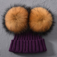 Winter Real Fur Ball Beanie Hat for Women Ladies Fluffy Double Natural Raccoon Fur Pom Pom Skullies Beanie Hat With 2 Fur Pompom