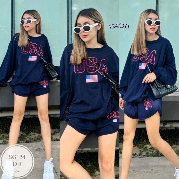 ml124-usa-sweater-short-set-เซทเสื้อสเวตเตอร์-ใส่ซกแขนและชายเสื้อ-มาพร้อมกางเกงขาสั้นทรงบาร์บี้-สกรีน-usa-ทั่งตัวเสื้อและขากางเกง-ดีไซน์สวย-เนื้อผ้าดี-ใส่สบาย-กางเกงมีกระเป๋าล้วงข้าง-สามารถใส่ไปเที่ยว