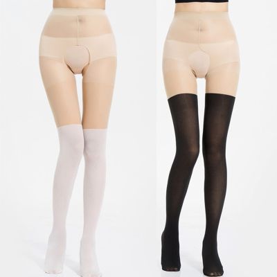 [Cos imitation] ถุงน่องเซ็กซี่ Fishnet Tights ชุดชั้นในสตรี High Open Crotch Tights Shiny Splicing High Waist Pantyhose Femme Lingerie
