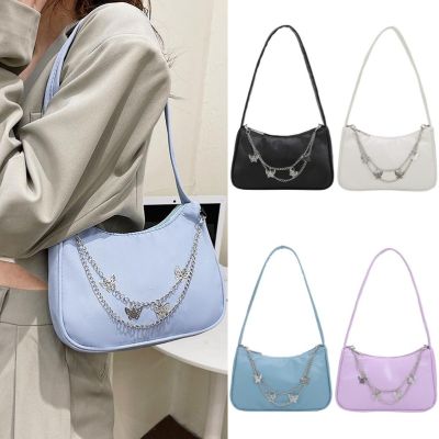 Pure Color Underarm Bag Butterfly Chain Ladies Zipper Handbag Totes Small Shoulder Nylon Women