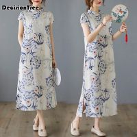 【CW】 2022 chinese dress traditional printed dress qipao ladies evening dresses vintage cheongsam women long linen cheongsam dress