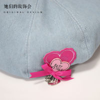 Lolita Denim Blue Beret Sweet Girl Students Dopamine Rose Love Bow Cap All-Match Metal Chain Womens Hat