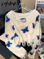 【CW】 Korean Fashion Knitted Sweater Woman Oversized Cropped Shoulder Loose