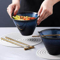 Tureens 67นิ้ว Ramen ชามสีฟ้า Binaural เซรามิคหมวกรูปร่าง Anti-Scalding ชามบะหมี่กึ่งสำเร็จรูป Creative ชามก๋วยเตี๋ยวบนโต๊ะอาหาร