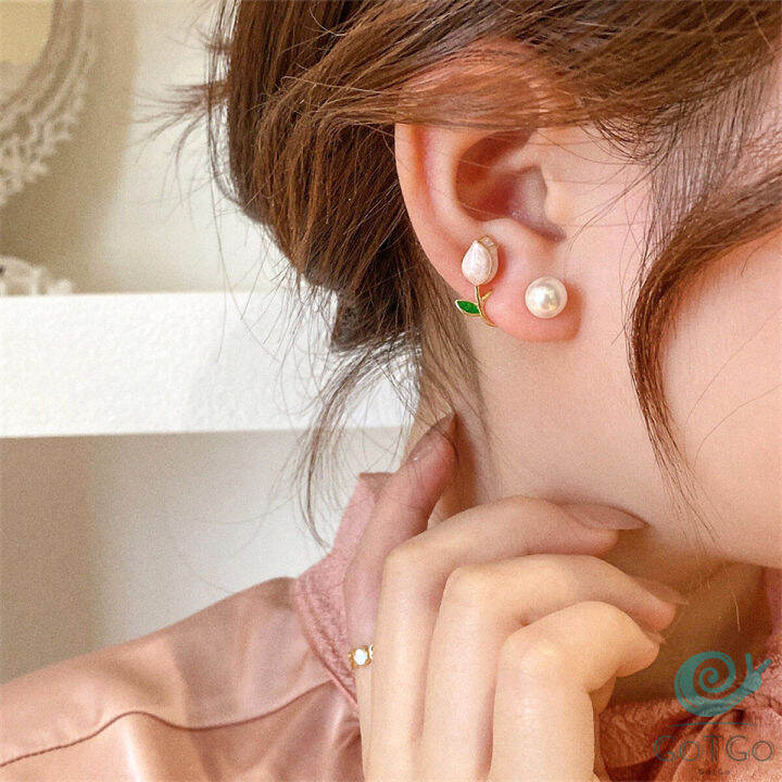 gotgo-ต่างหู-ก้านเงิน-9-25-รูปดอกทิวลิป-ประดับมุกเทียม-tulip-stud-earrings