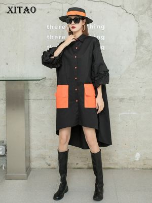 XITAO Dress Loose Contrast Color Pocket Irregular Casual Shirt Dress